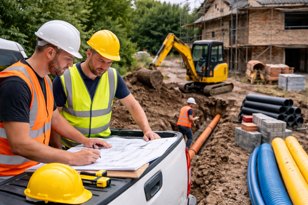Groundworks contractors reviewing project plans on site in Durham with drainage and mini digger works
