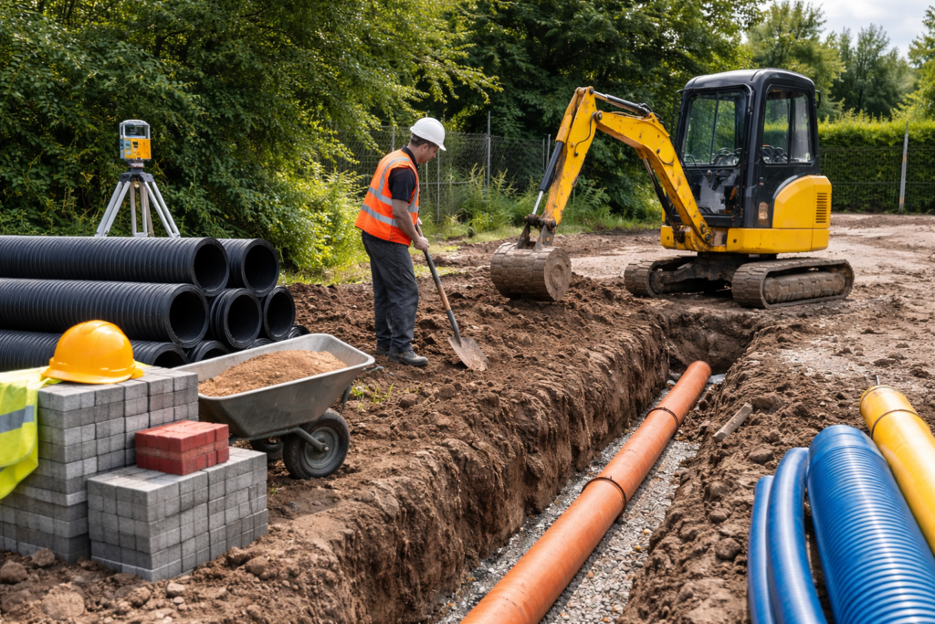 Groundworks team installing drainage and underground services with mini digger in Durham