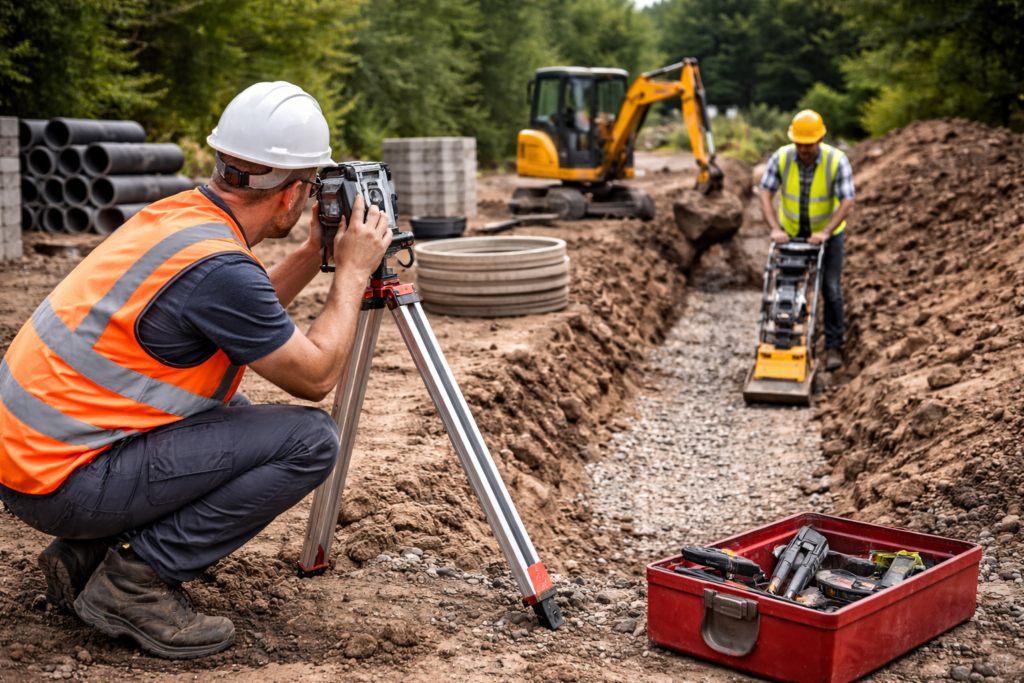 Workers laying fresh tarmac on residential driveway outside brick house in Durham