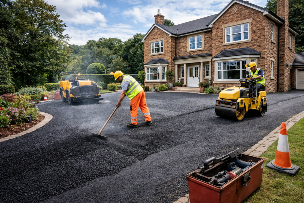 Groundwork contractor setting laser level beside drainage trench with excavator on site